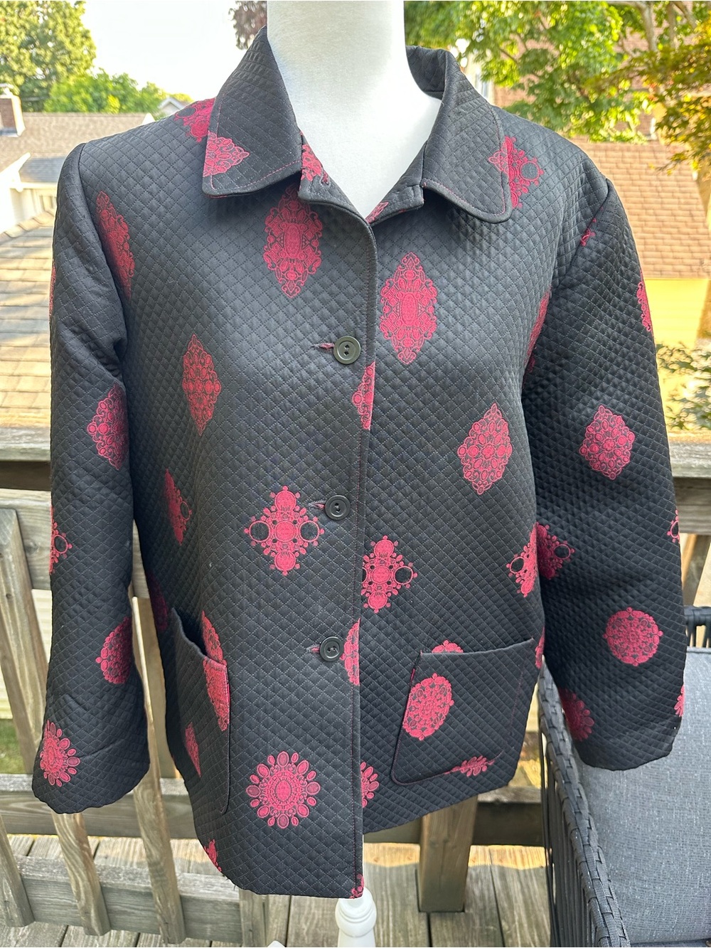 VTG Elliott Lauren Quilted Jacket Womens XL Black Red Medallion Wool Blend USA